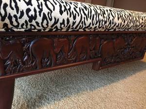 Wooden Padded Bench w Ornate Elephant Carvings