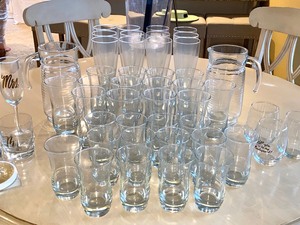 Variety of Drinking Glasses with 2 Glass Pitchers and an Acrylic Ice Bucket