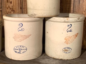 lot 169 image: Pair Red Wing Two Gallon Crocks plus Two Unmarked Crocks