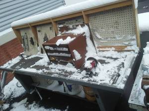 Metal Work Bench on Casters and contents