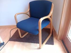 lot 117 image: Low Back Wooden Blue Fabric Chair