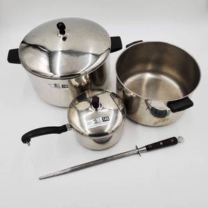lot 145 image: Pans and Sauce pan with Knife sharpener