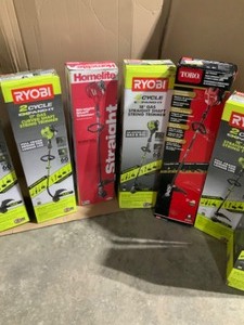 lot 3 image: &nbspPALLET WITH  ASSORTED BRANDED OUTDOOR TOOLS - RYOBI TORO HOMELITE CURVED & STRAIGHT SHALF TRIMMERS SEE PICS DESCRIPTION