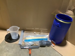 lot 52 image: Kraft Tool 7-Piece Self-Leveling Tool Kit with 15 Gal. Mixing Barrel not used