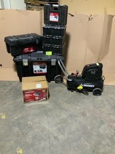 lot 69 image: ASSORTED HUSKY TOOLS TOOLBOXS & SILENT AIR COMPRESSOR SEE PICS