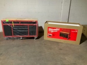 lot 89 image: MILWAUKEE 61 in. 11-Drawer1-Door 22 in. D Mobile Workbench with Sliding Pegboard Back Wall in RedBlack NOT USED SEE PICS