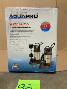 lot 92 image: Aquapro 1 HP SUBMERSIBLE SUMP PUMP WITH DIRECT-IN VERTICAL FLOAT SWITCH NOT USED SEE PICS