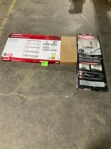 lot 99 image: HUSKY SILVER 5-TIER HEAVY DUTY STEEL GARAGE STORAGE SHELVING & HYLOFT GARAGE CEILING MOUNT STORAGE UNIT IN WHITE SEE PICS