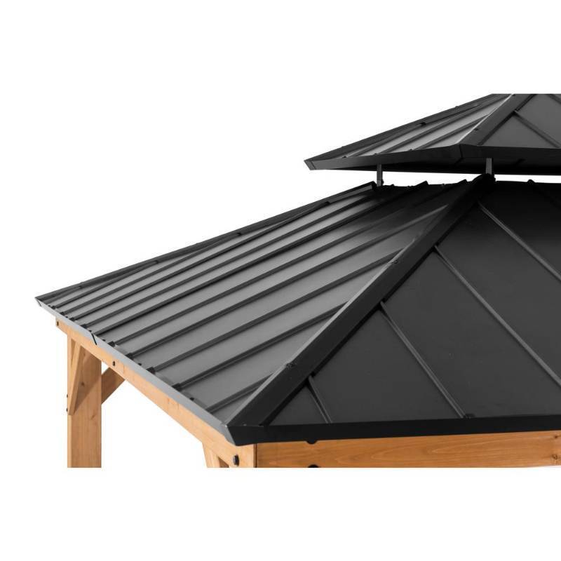 lot 406 image: Sunjoy Archwood 12 ft. x 10 ft. Cedar Frame Gazebo with Double Tier Steel Roof Hardtop, A102007500 - Unclaimed Freight - NEW