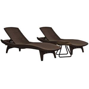lot 405 image: Keter Pacific Whiskey Brown All-Weather Adjustable Resin Patio Chaise Lounger with Side Table (3-Piece Set), 222212. Some Resin Damage and 1 Chair Front legs are broken.