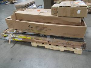 lot 407 image: WHOLESALE MIXED PALLET OF MISCELLANEOUS FURNITURE, UMBRELLAS, BUILDING MATERIALS AND MORE