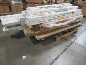 lot 408 image: WHOLESALE MIXED PALLET OF MISCELLANEOUS BASE BOARD HEATERS, FURNITURE, BUILDING MATERIALS AND MORE