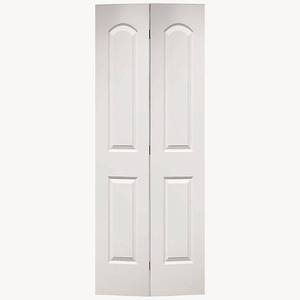 lot 605 image: Masonite 24 in. x 80 in. Roman 2-Panel Round Top Primed Whited Hollow-Core Smooth Composite Bi-fold Door, 11048