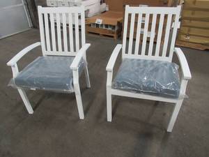 lot 434 image: 2 Hampton Bay Jasper Ridge White Galvanized Steel Slat Back Stationary Outdoor Patio Dining Chairs with Standard Blue Cushions, 2026-DM1-SW