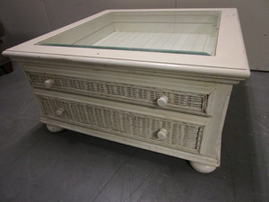 lot 415 image: COFFEE TABLE, WOOD AND WICKER FRAME, WITH GLASS TOP