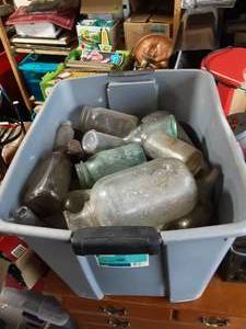 lot 13 image: Tote Full Of Old Bottles & Jars