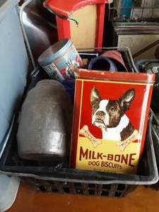 lot 14 image: Basket Of Old Tins, Jars & Bottles