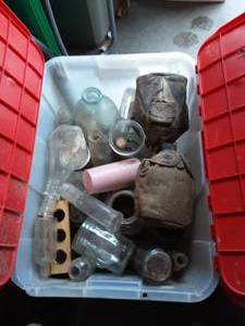 lot 19 image: Tote Full Of Old Bottles & Jars