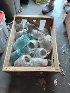 lot 20 image: Crate Full Of Blue & Other Jars & Old Enamel Bowl