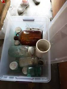 lot 21 image: Tote Full Of Old Jars & Bottles