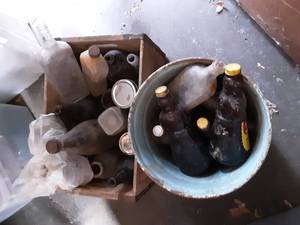 lot 22 image: Thee Hamm Brewing Co. Crate & Pail Full Of Old Bottles & Jars