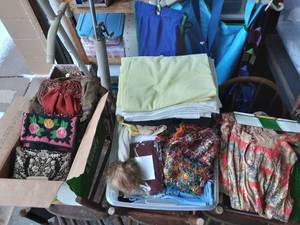 lot 24 image: 3-Boxes Of Vintage Of Clothing, Purses, Linens, (Fabric Embroidered)