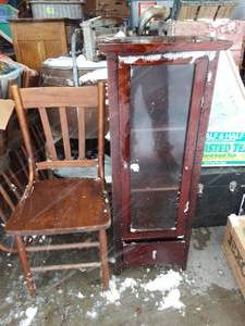 lot 30 image: Glass Door Cabinet 16x10x43 & Wood Chair
