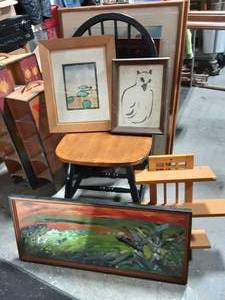 lot 36 image: 3-Original Art Works, 1-Chair, 1-Shelf