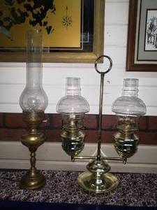 lot 31 image: Brass Hurricane Table Lamps - Double Kerosene and Oil Converted to Electric