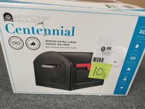 lot 10 image: Centennial Metallic Pewter with Red Flag Extra Large Capacity Post Mount Mailbox open box never used