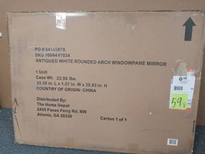 lot 59 image: Home Decorators Medium Arched White Windowpane Antiqued Classic Accent Mirror (26 in. H x 36 in. W) open box never used