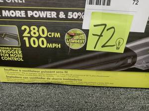 lot 72 image: ONE 100 MPH 280 CFM 18-Volt Lithium-Ion Cordless Battery Jet Fan Leaf Blower (Tool Only) by RYOBI open box never used