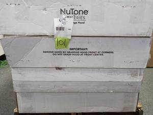 lot 101 image: Pallet with 8 Broan-NuTone vent hoods open boxes customer returns Osmos 30 in. Convertible Under Cabinet Range Hood with Light - mixed black and stainless Retail Value $1200   steel never used
