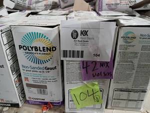 lot 104 image: pallet with 42 cases of Ployblend nonsanded and sanded grout for 18-12 never used slightly damaged 42 bags