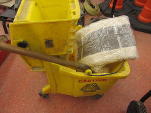 lot 42 image: Commercial mop bucket, two new dust...