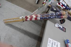 Lot of (6) Valley Forge 5 1-Piece Wood Pole American Flags (x5), Valley Forge White Cast Aluminum 2-Position Flag Pole Mount (x1)