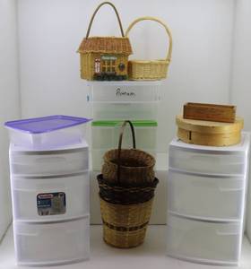 Plastic Storage Drawers and Wicker Baskets