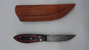 lot 19 image: Damascus Steel Fixed Blade Knife With Leather Sheath