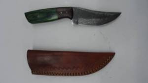 lot 21 image: Damascus Steel Fixed Blade Knife With Leather Sheath