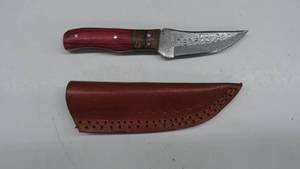 lot 22 image: Damascus Steel Fixed Blade Knife With Leather Sheath
