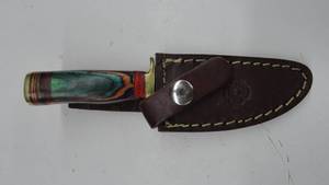lot 24 image: Damascus Steel Fixed Blade Knife With Leather Sheath