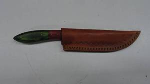 lot 28 image: Damascus Steel Fixed Blade Knife With Leather Sheath