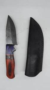 lot 30 image: Damascus Steel Fixed Blade Knife With Leather Sheath