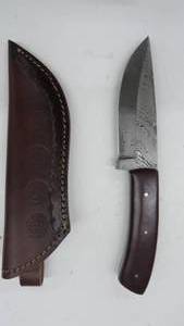 lot 35 image: Damascus Steel Fixed Blade Knife With Leather Sheath
