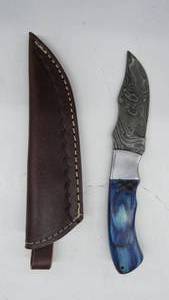 lot 36 image: Damascus Steel Fixed Blade Knife With Leather Sheath
