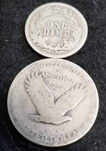 2 SILVER US COINS 1927 STANDING 25C 1912 BARBER DIME