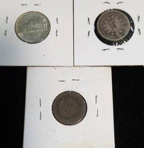 3 COINS 1868 SHIELD 5C 1886 INDIAN 1C 1943-S SILVER WAR 5C