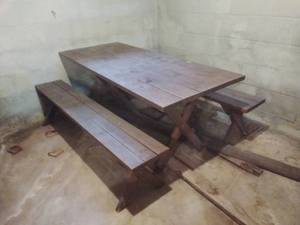lot 140 image: Vintage Wooden Table with Bench Seating