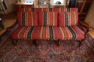 lot 13 image: Vintage Fabric-Covered straight back Wood Framed Sofa