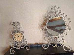 lot 37 image: Ivory and Black Antique-Style Distressed Metal Clock and Mirror